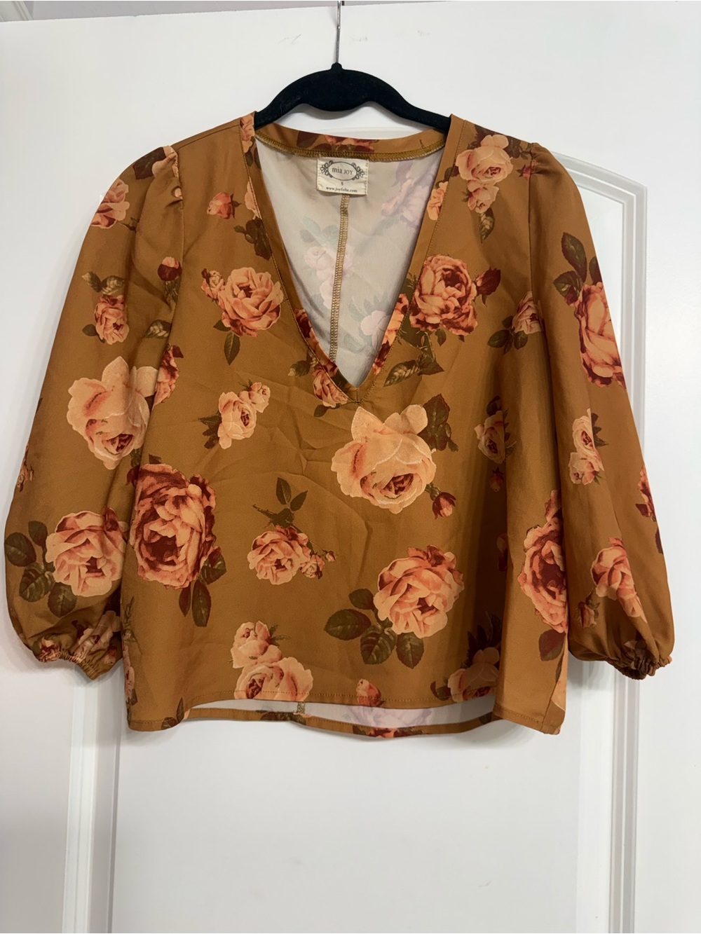 Joyfolie Mustard Floral V-Neck Blouse with Pink Rose Print